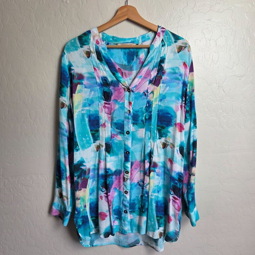 Soft Surroundings Pleated Button Up Tunic Top Blue Size M Brushstroke Watercolor
